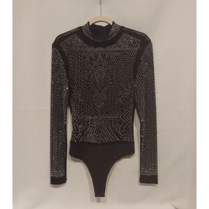 Day G Womens Black Sheer Mesh Sparkly Rhinestone Night Out Bodysuit Size Large